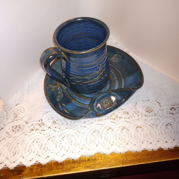 Hand Crafted  Pottery Blue Glazed Cup Plate - Picture 4 of 5